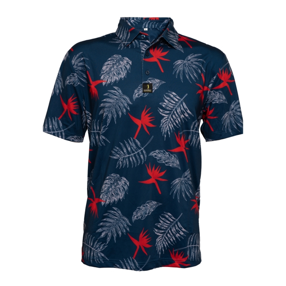 Stylish Navy and Red Tropical Print Polo Shirt